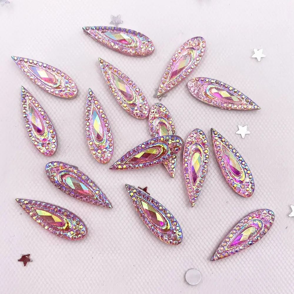 60PCS Shiny AB Resin 6*20mm Peacock Eye Teardrop Gem Beads Flatback Rhinestone Scrapbook DIY Wedding Applique Ornament G92