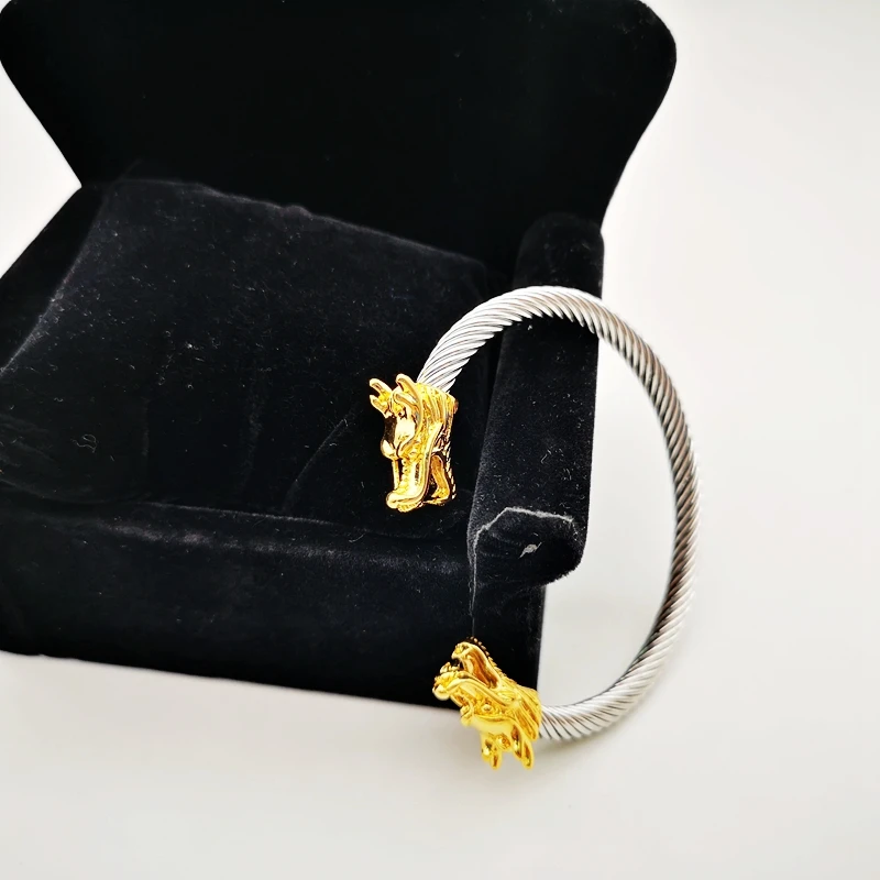 

Men Double Gold Dragon Heads Cuff Bracelets Silver Stainless Steel Adjustable Cable Bracelet Bangle Men Jewelry Free size bangle