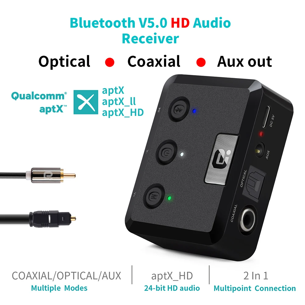 Ricevitore audio HD wireless Bluetooth 5.0 coassiale ottico aptX HD Adattatore ricevitore Bluetooth Aux da 3,5 mm per auto, altoparlanti MR235PRO