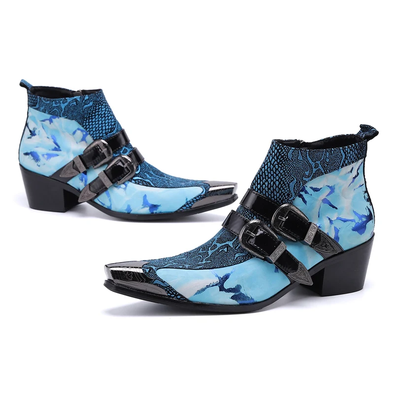 Handmade Luxury Genuine Leather Men Boots Blue Snake Skin Italian Business Dress Formal Shoes Double Buckle Cowboy Ankle Boots