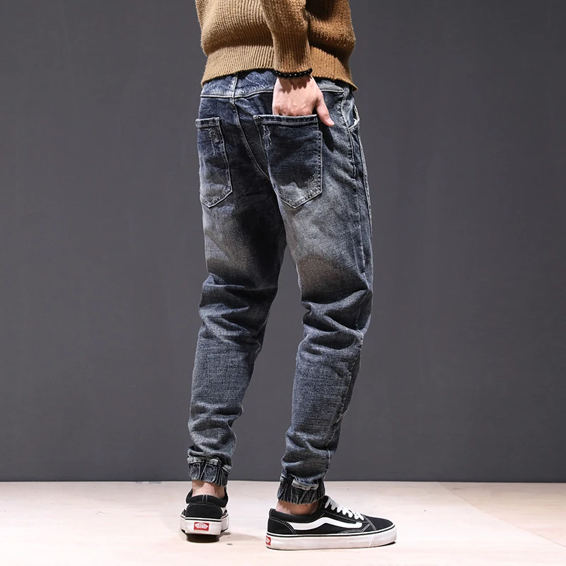 KSTUN joggers jean men motorcycle jeans streetwear drawstring elastic waist ruched Pants leisure riding jeans male plus size 42