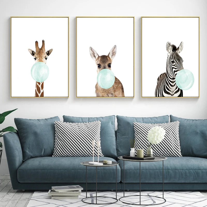 Cute Blue Bubble Gum Animal Zebra Giraffe Koala Kangaroo Canvas Art Abstract Painting Print Poster Picture Wall Home Decoration