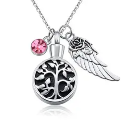 Unisex Stainless Memorial Cremation Ash Holder Urn Necklace for Ashes Life Tree Pendant with Angel Wing and Birthstone Charm