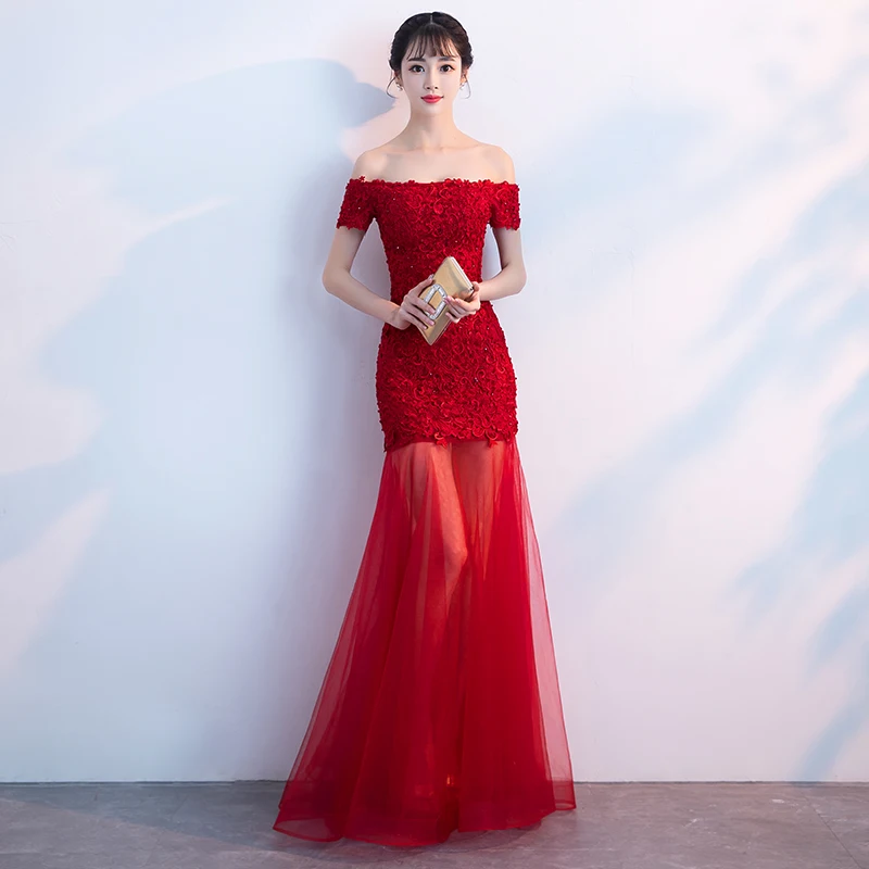 Robe de soiree New Arrival Red Boat Neck Bouquet Evening dress Mermaid Lace Up vestido de festa Party Prom dresses Custom made