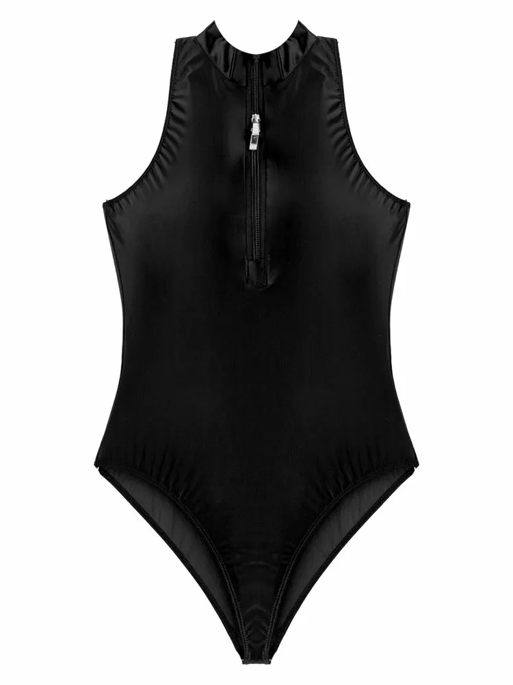 Costume da bagno da donna lucido senza maniche Skinny School Girl costume da bagno tinta unita doppia cerniera frontale lucido body costumi da bagno