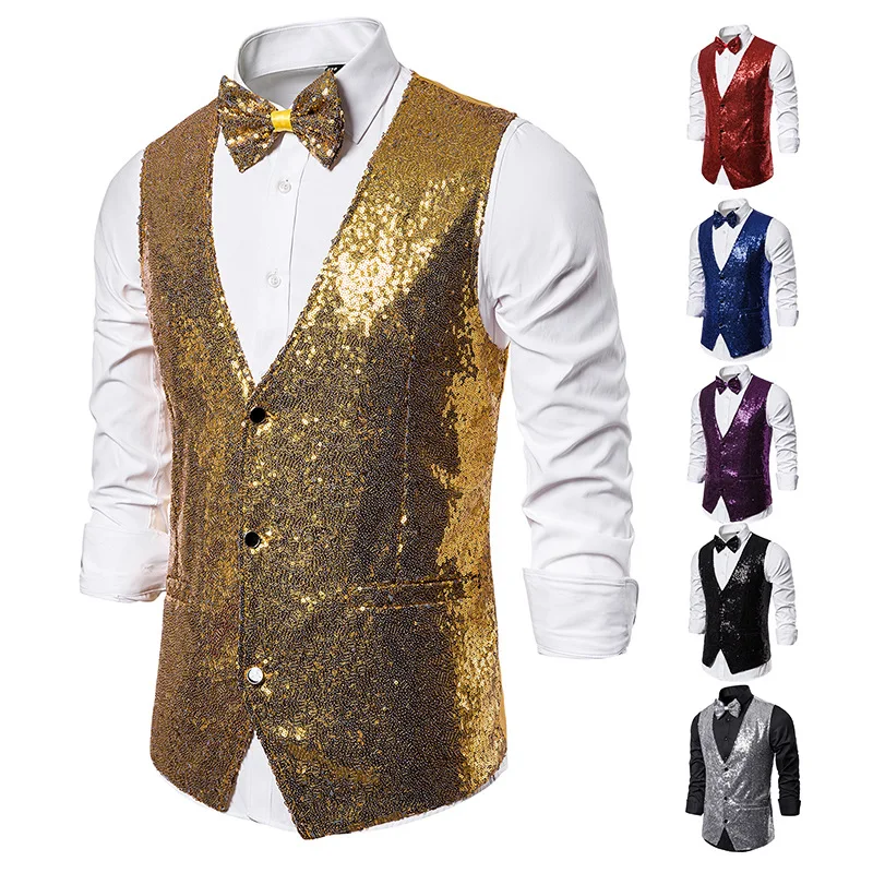 Terno colete masculino novo à moda ouro lantejoulas coletes colete casual sem mangas decote em v único botão traje vestido de festa palco