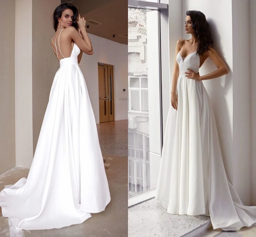 Sexy alças de espaguete vestido de casamento de cetim macio 2023 moda varredura trem vestidos de noiva com criss cruz volta noiva