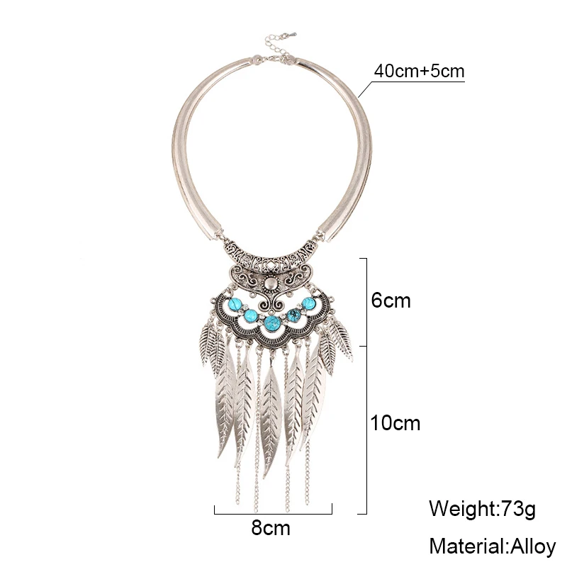 Vintage Exaggerated Glossy Metal Leaf Tassel Necklaces for Women Boho Classic Ethnic Statement Choker Necklaces Wedding Jewelry