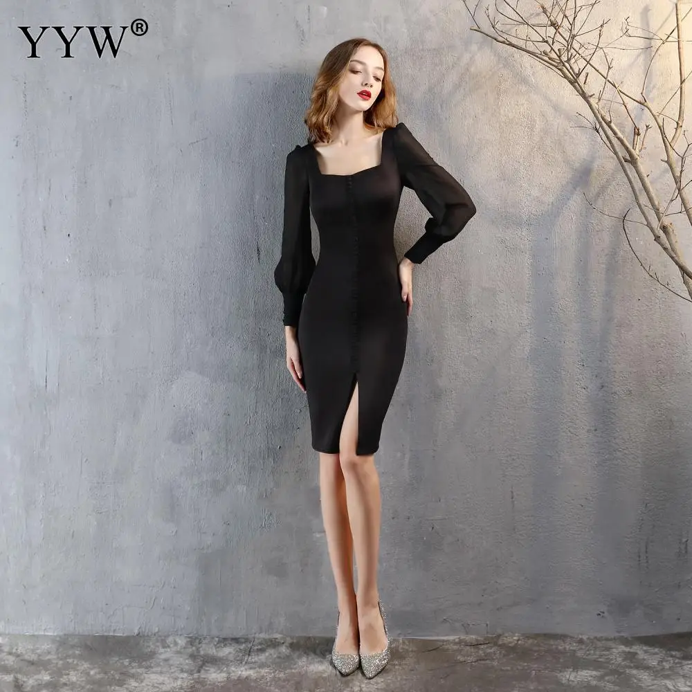 New Vintage Black Short Evening Dresss Side Slit Women Sexy Long Sleeve Solid Bodycon Short Party Dresses Femme Vestidos