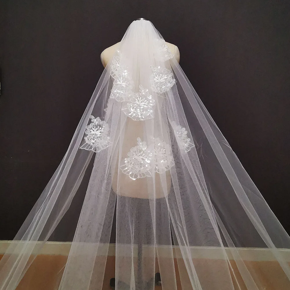 Voile de mariage en dentelle à paillettes, de luxe, avec peigne, voile de mariée, ivoire blanc, 3 mètres, couvre-chef de mariage