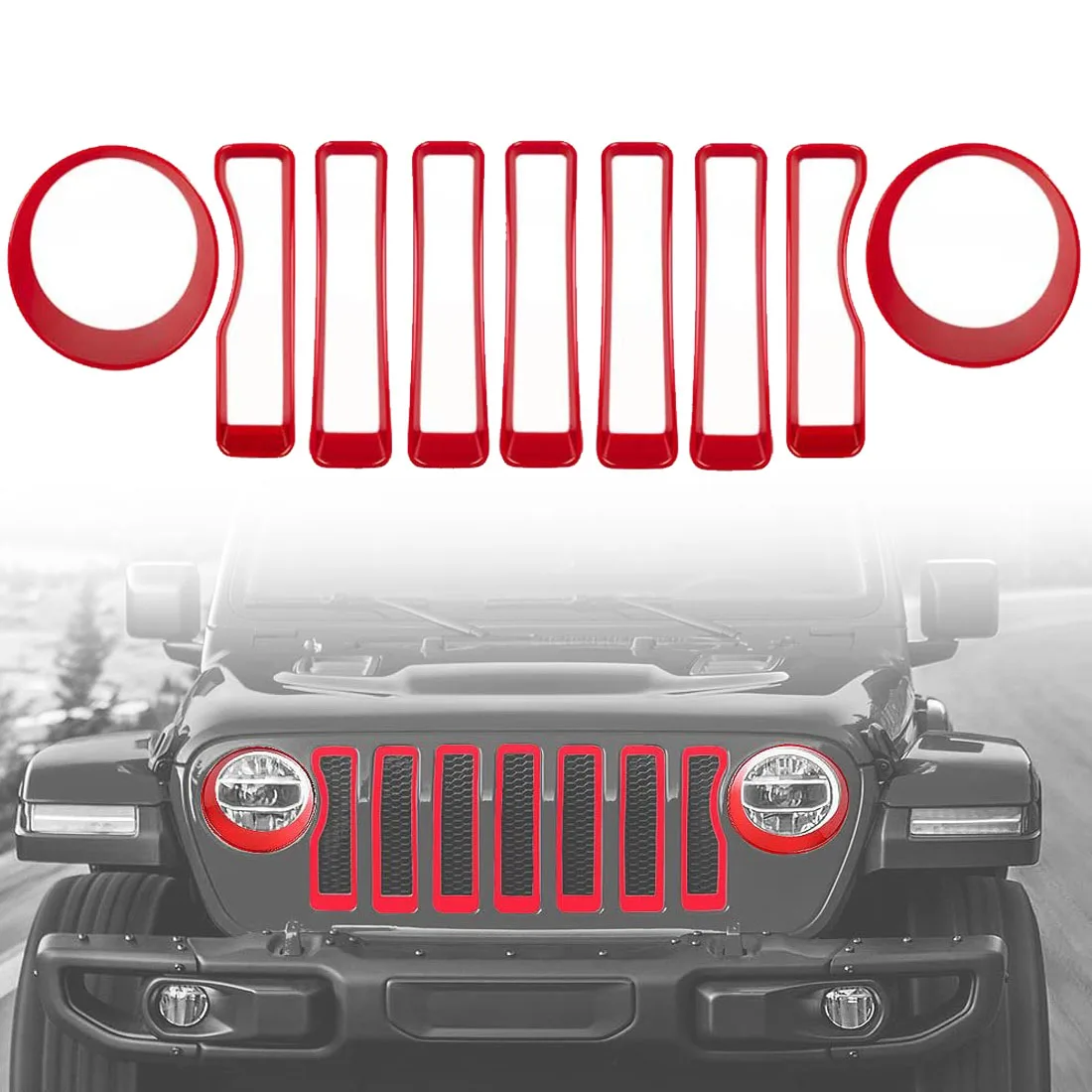 

9pcs Front Grille Mesh Grill Insert + Headlight Turn Light Bezel Cover Trim Styling for Jeep Wrangler JL JLU 2018-2021