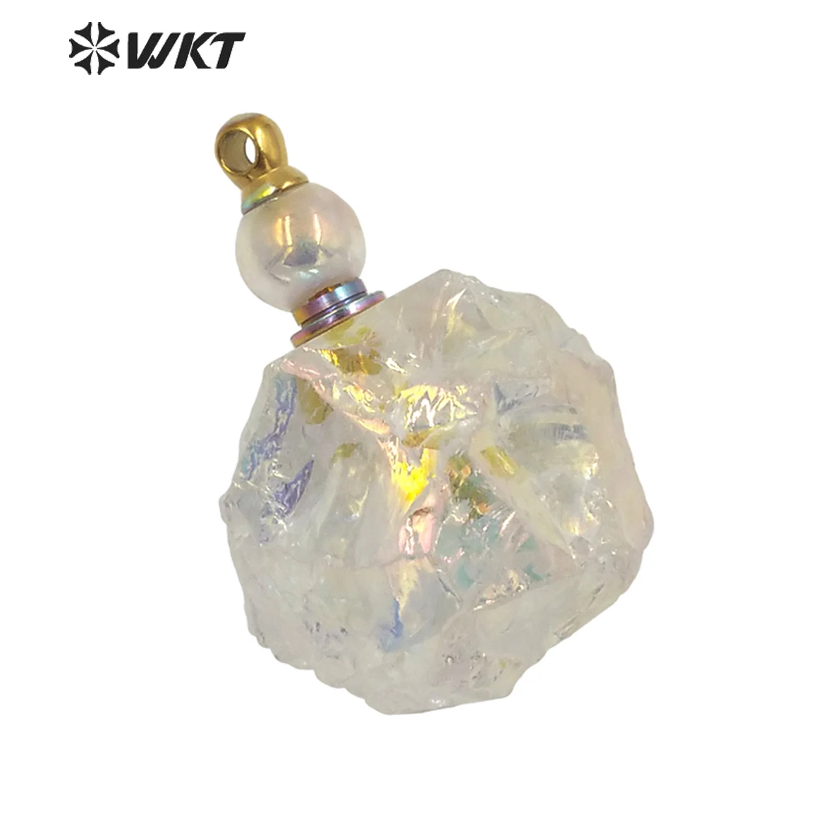 

WT-P1632 Amazing Women Natural Raw Crystal By Hammer With Aura Gold Stainless Steel Parts Angel Quartz Perfume Bottle