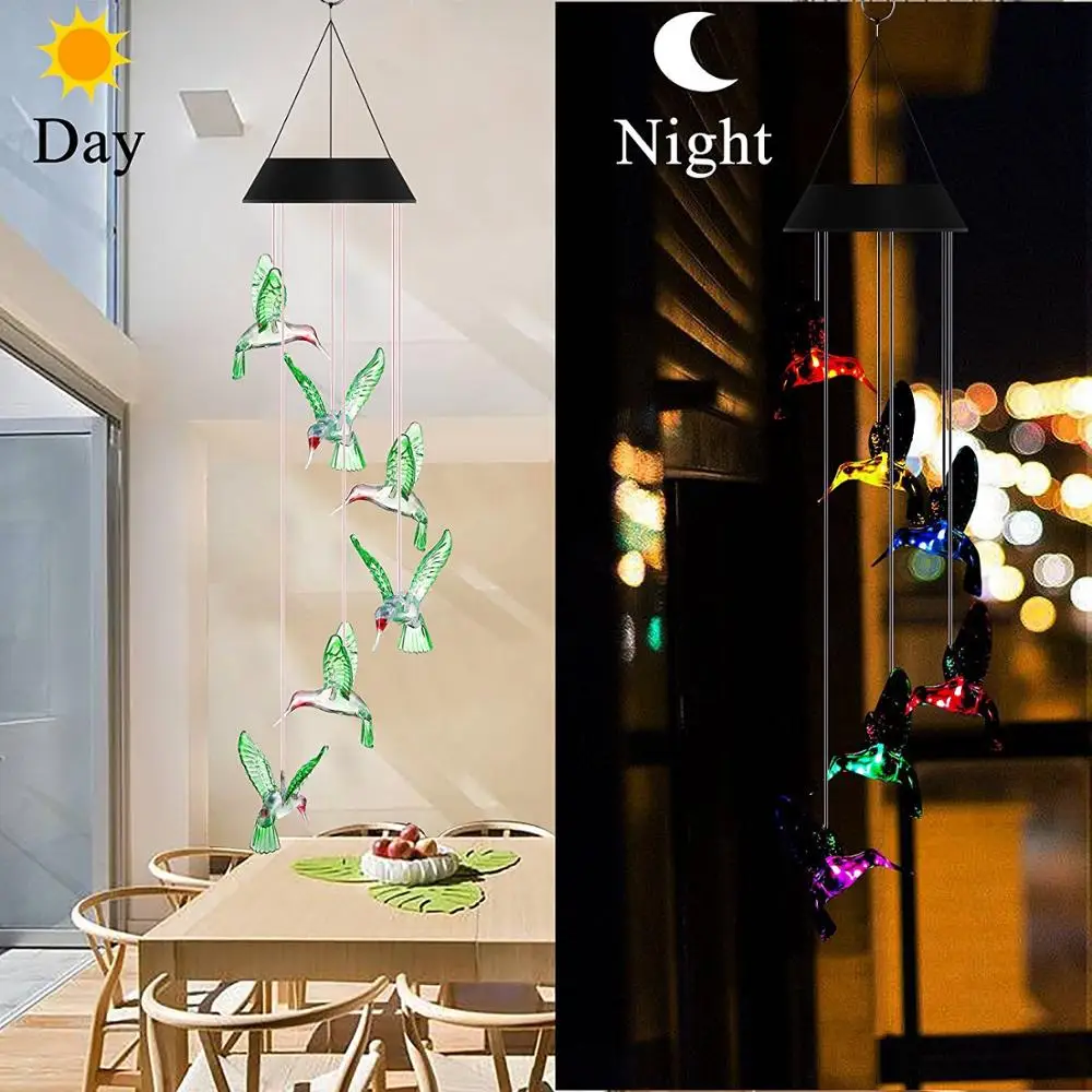 Color Changing LED Solar Power Lâmpada Hummingbird Wind Chimes Jardim Decoração Quintal Impermeável LED Light Lighting Hanging Decor