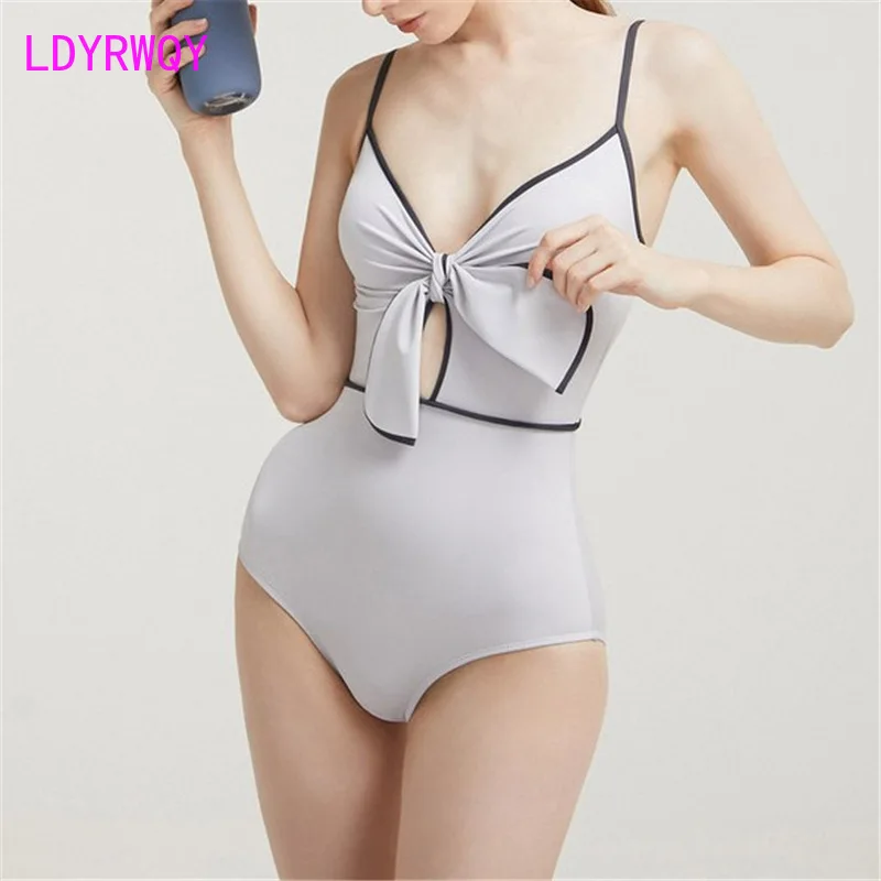 2021 new bow knot one-piece bikini women ins wind retro sexy slim high waist swimsuit women