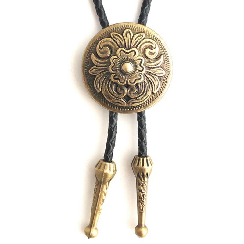 

Indian Art Antique Bronze Silver Flower Totem Round Buckle Bolo Tie for Men Western Cowboy Novelty Neckties Fashion Accessories