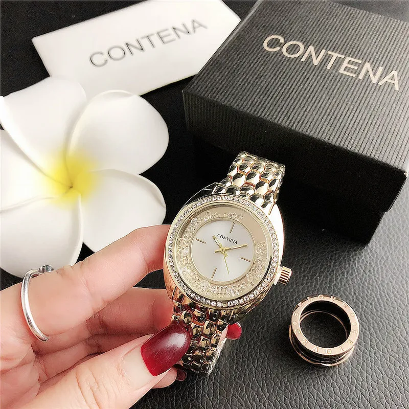 New Brand Contena Luxury Gold Watch Women Watches Rhinestone Women's Watches Ladies Stainless Steel Quartz-watch Female Clock