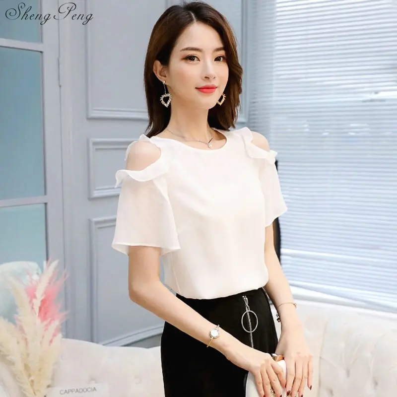 2023 Women Off Shoulder Short Sleeve Blouses Print Floral Chiffon Shirts Casual Ladies Clothing Female Blusas Women Tops V1768