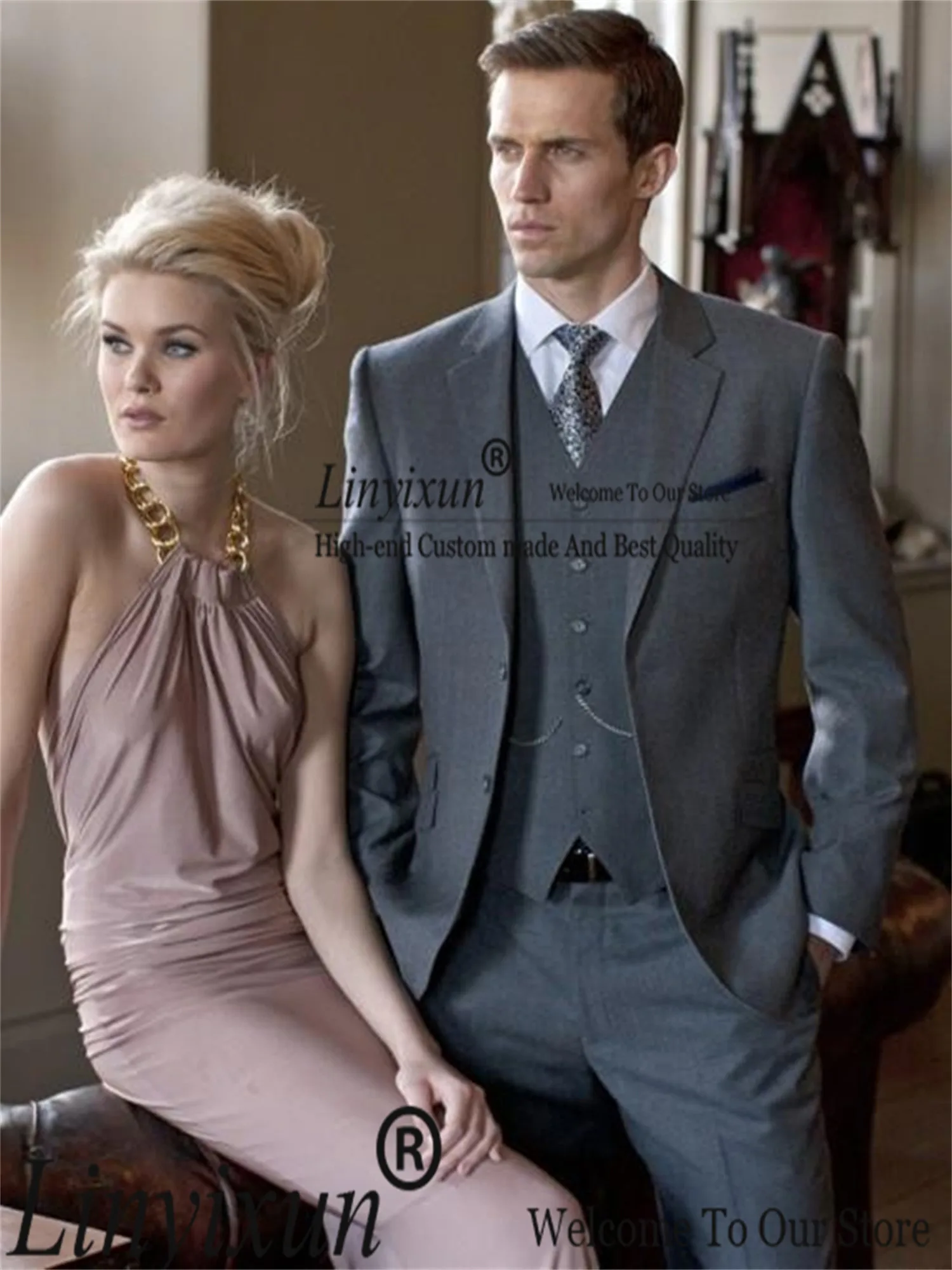 

Grey Slim Fit Mens Suits 2022 Notched Lapel Wedding Groom Tuxedos Handsome Male Prom Blazer 3 Pieces Masculino Costume Homme