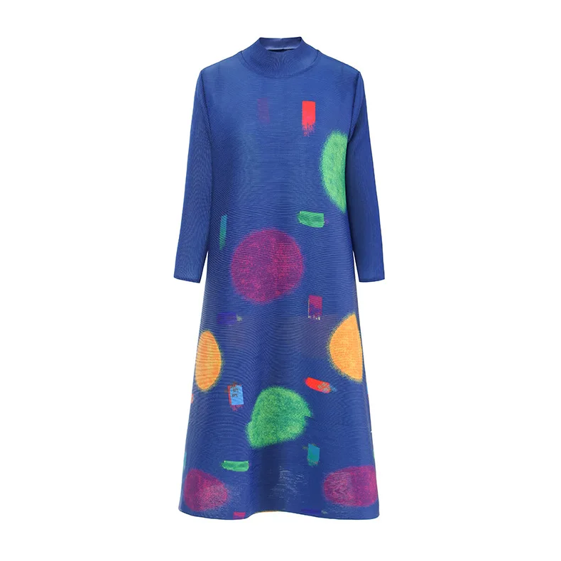 HOT SELLING Miyake pleated one-piece dress turtleneck print three quarter A-Line dress IN STOCK