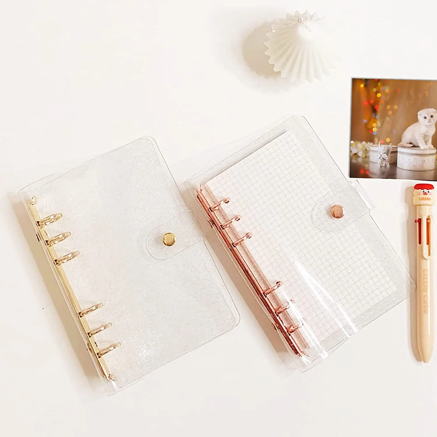 2 Pack A6 PVC 6-Ring Binder Cover with Ruler, Rose Gold Notebook Planner,for A6 Refillable Notebook, Meeting, Office Supplies