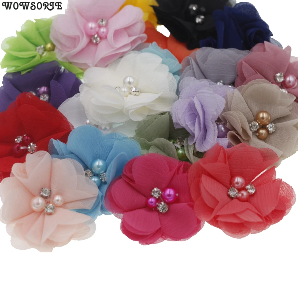 20PCS Pearl Rhinestone Chiffon flowers Hair Accessories DIY Flower Bouquet Flowers Decorations No Hair clips for headband