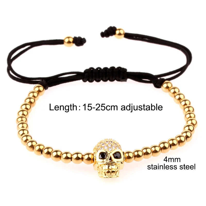 Classic Design Stainless Steel Beads CZ Pave Skull Charm Macrame Bracelet Men Women