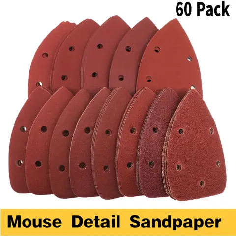 60Pcs 마우스 디테일 사포 샌딩 디스크 140*98MM 5 개 구멍 모듬 40/60/ 80/100/ 120/180/ 240/320/ 400/800 그릿 후크 루프
