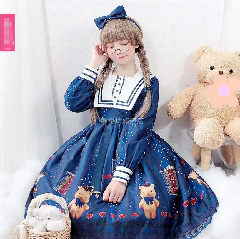 Lolita-vestido de corte Vintage con estampado de oso para niña, Vestido de manga larga con lazo, estilo Lolita, Kawa, Elorita