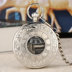 Luxury Silver Musical Movement Pocket Watch Quartz Hand Crank Playing Music Watch Fob Chain Pendant Clock Happy New Year Gifts