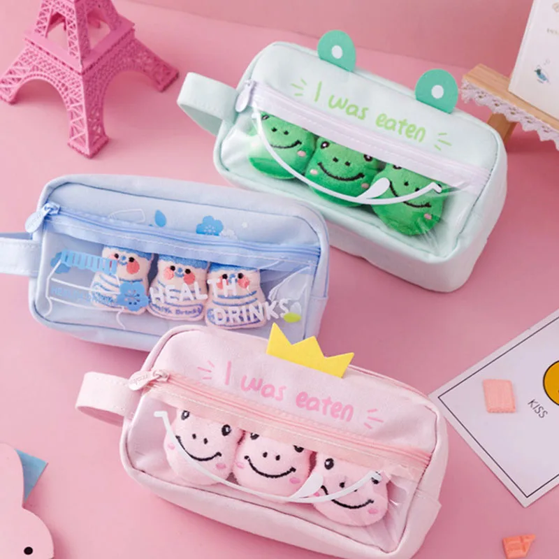 Kawaii Cartoon Frog Pencil Case High Capacity Canvas Pen Bags Cute Detachable Doll Pencil Bag School Supplies Stationery