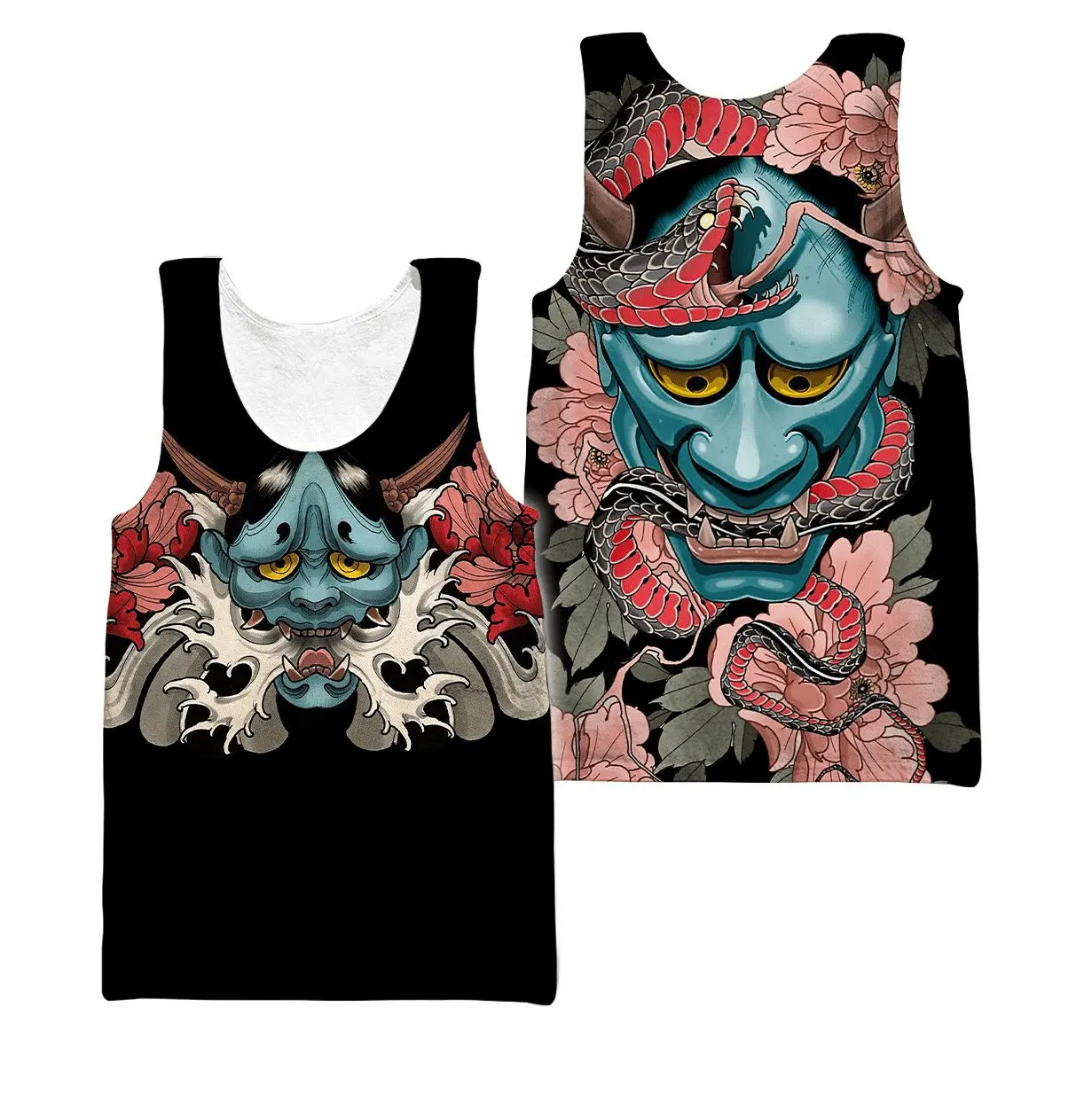 Samurai Oni Mask Tattoo 3D All Over Printed Men vest Summer Harajuku Sleeveless T-shirt Unisex Casual Polyester Tank Tops BX-63