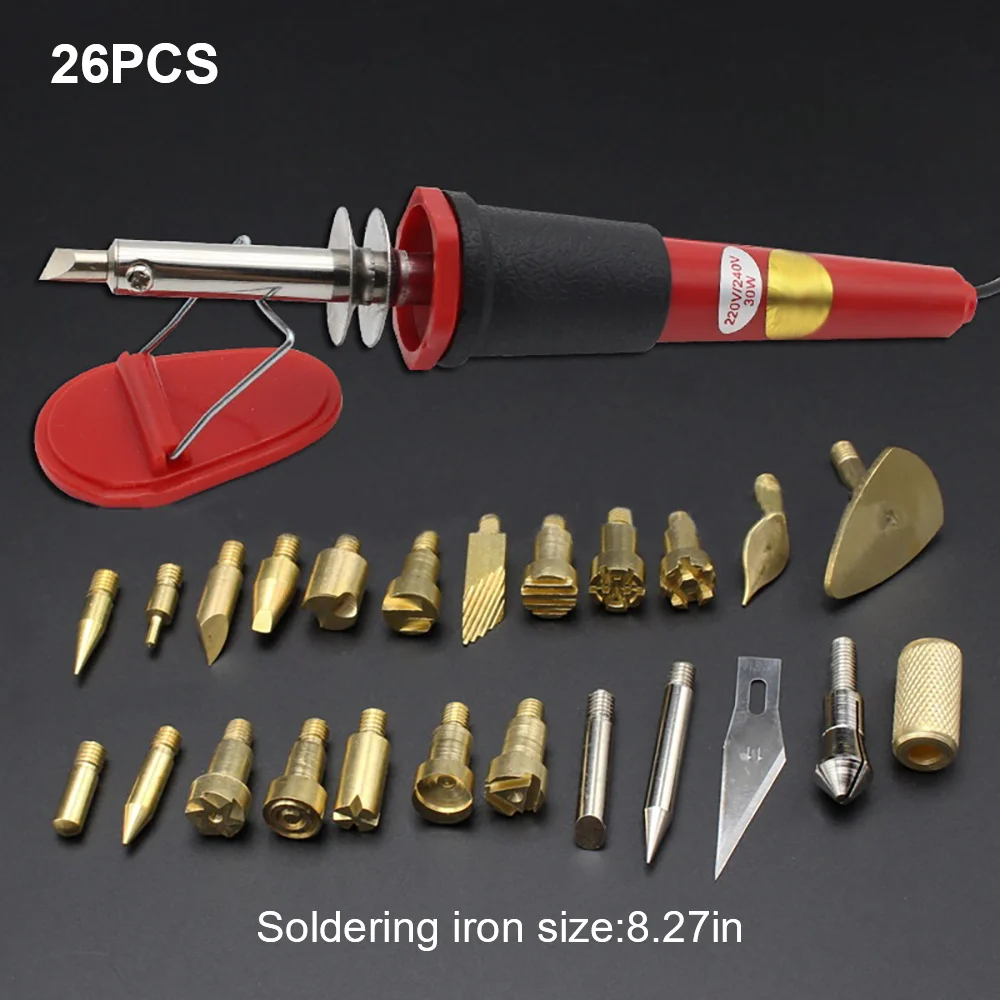 

26Pcs Wood Burning Kit Electric Iron Pen Wood Burner Soldering Tips Stencil Stand Soldering Iron Gourd Wood Board Painting Tool