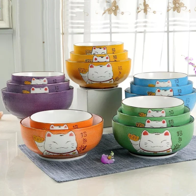 1pcs Multi-size Japanese Lucky Cat Round Ceramic Bowl Restaurant Household Bone China Salad Bowl Noodle Soup Bowl Tableware