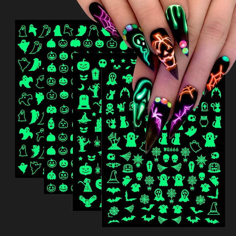 Luminous 3D Nail Sticker Halloween Christmas Nail Wraps Self Adhesive Decals Glow In The Dark Nail Slider Manicure Decorations