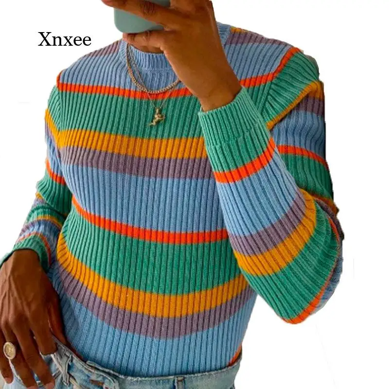 

Fashion Rainbow Stripes Mens Sweater Slim 2020 Luxury European Design Party Style Men's Clothing Block Casual Knitted Sweater