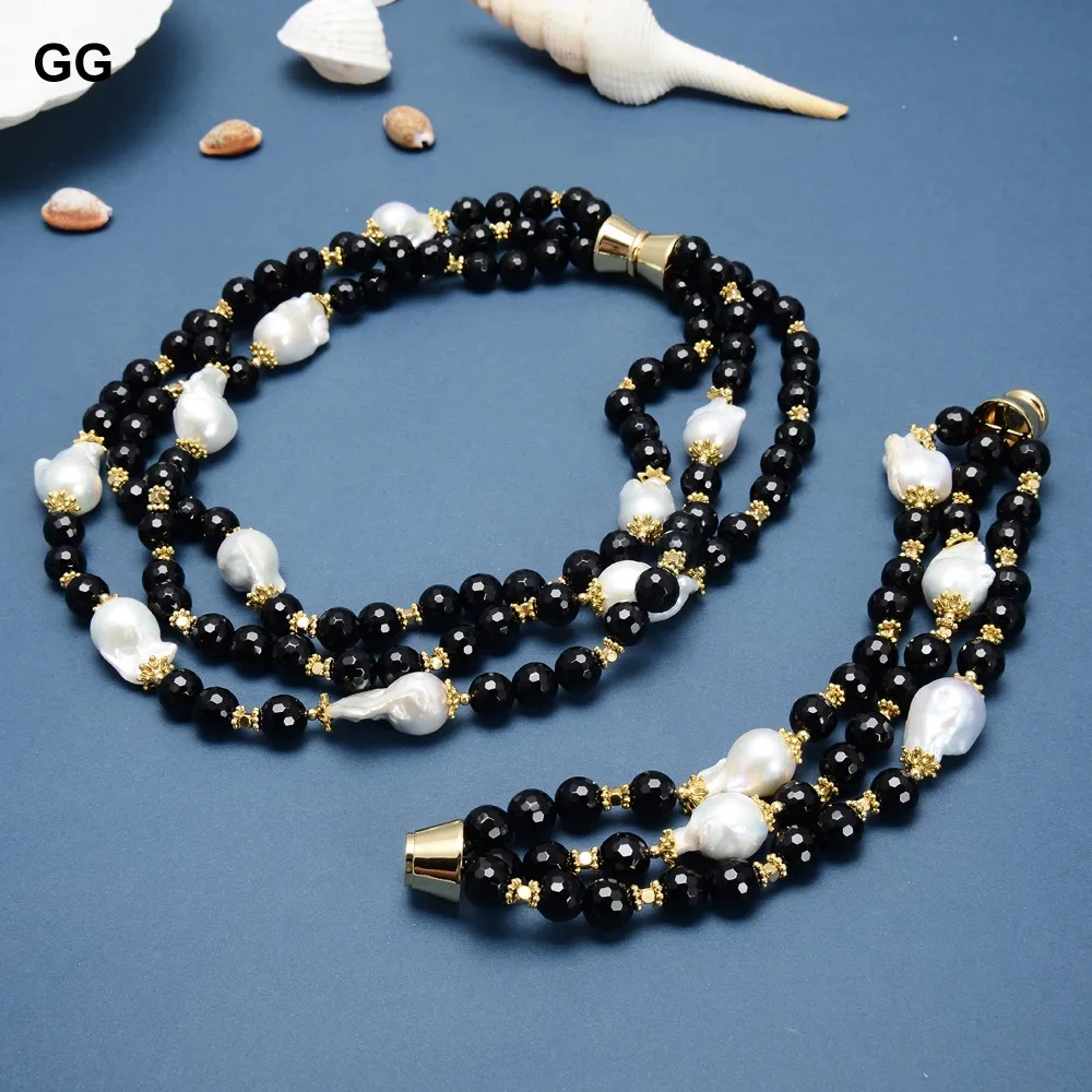 GG Black Onyx Faceted Beads Cultured White Reborn Keshi Pearl Statement Bracelet Necklace Sets Classic For Women