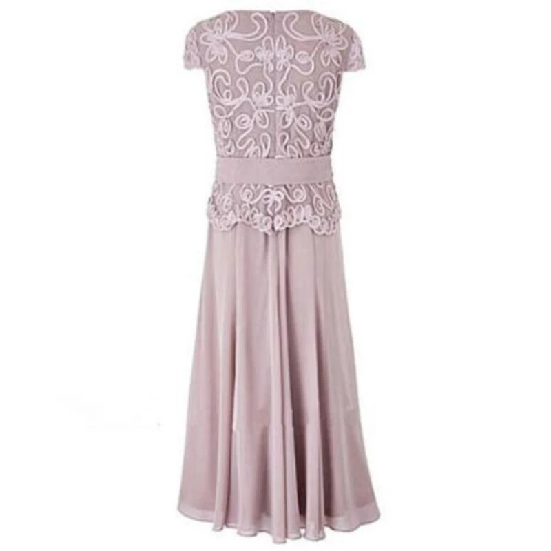 Latest Charming Dusty Rose Lace Scoop Neckline Mother Dresses Short Sleeves Mother of the Groom Gowns Tea Length Bow Sash