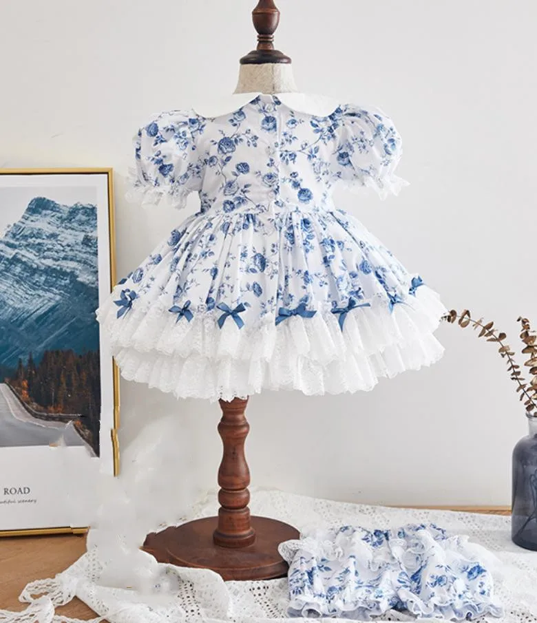 2PCS Baby Clothing Summer Spanish Lolita Ball Gown Lace Bow Print Design Turkey Vintage Princess Dresses For Girls Eid Y2925