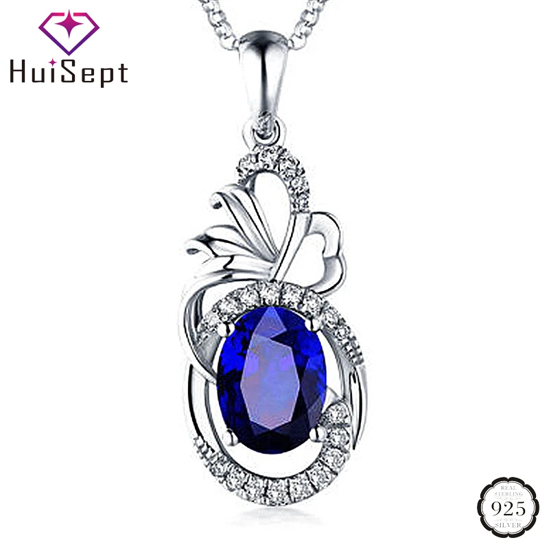 

HuiSept Elegant Silver 925 Necklace Jewelry with Oval Shape Sapphire Zircon Gemstone Pendant Fashion Ornament for Women Wedding
