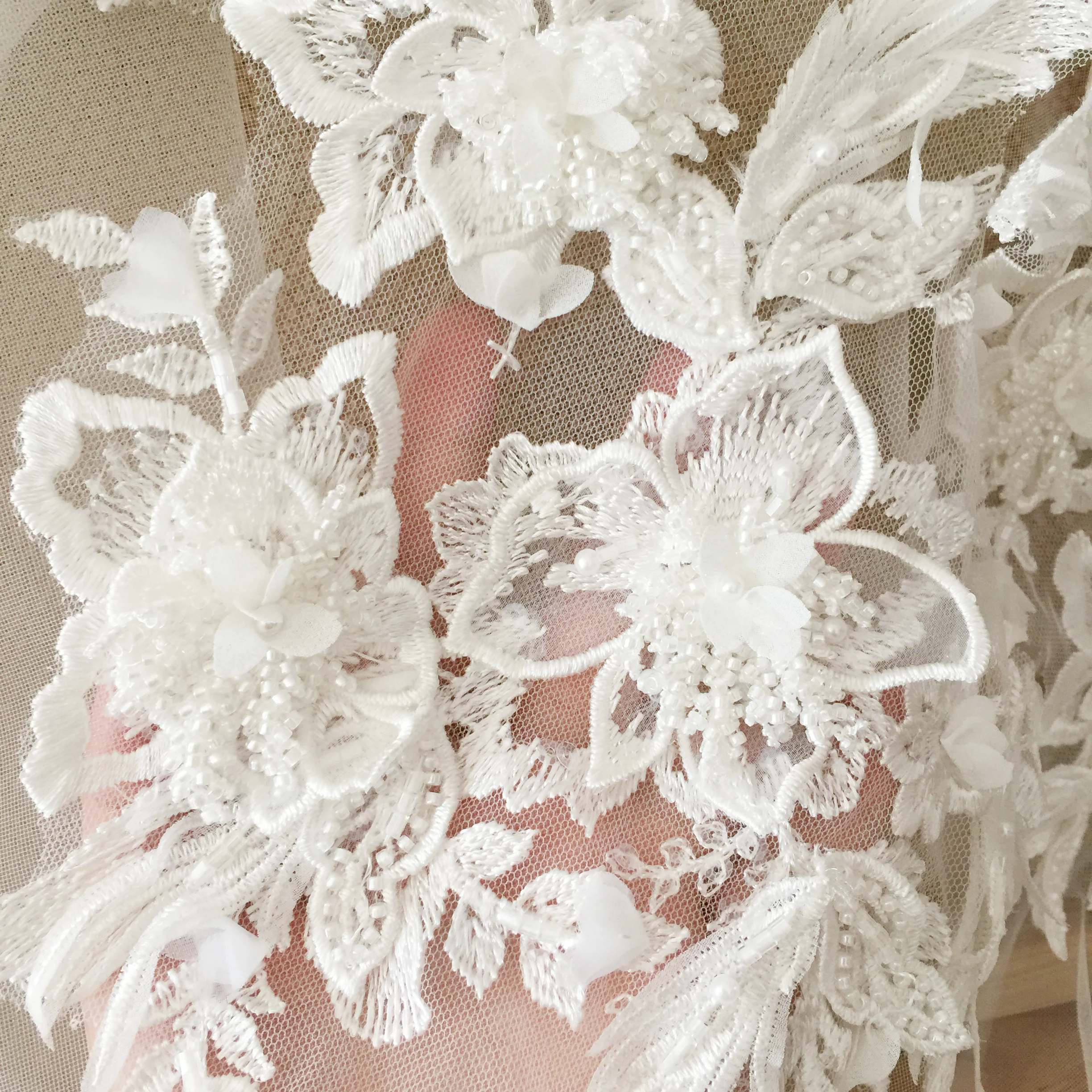 Hand Beaded 3D Lace Applique for Wedding Dress, Flower and Leaf Lace Applique, Bridal Gown Lace Applique, Bridal Veil Lace