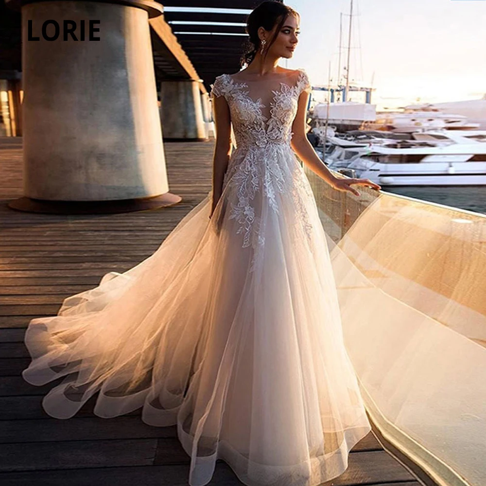 Lorie 2024 Strand Brautkleider Boho Applikationen Spitze Brautkleider Vintage Tüll Illusion Mütze Ärmel plus Größe Prinzessin Ehe