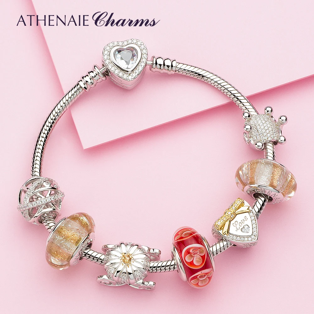 ATHENAIE 100% Sterling Silver Golden Stripes Shimmer Murano Glass Beads Charms fit Charm Bracelet Jewelry Christmas DEAL Weeding