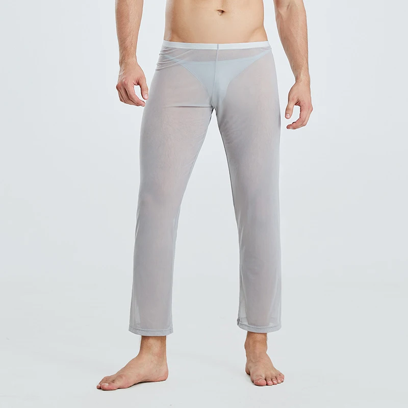 Men Long Pants Mesh Sheer Pajama Pants Sexy Underwear Stretch Pants See Through Thin Breathable Loose Sleepwear Lounge Homwear