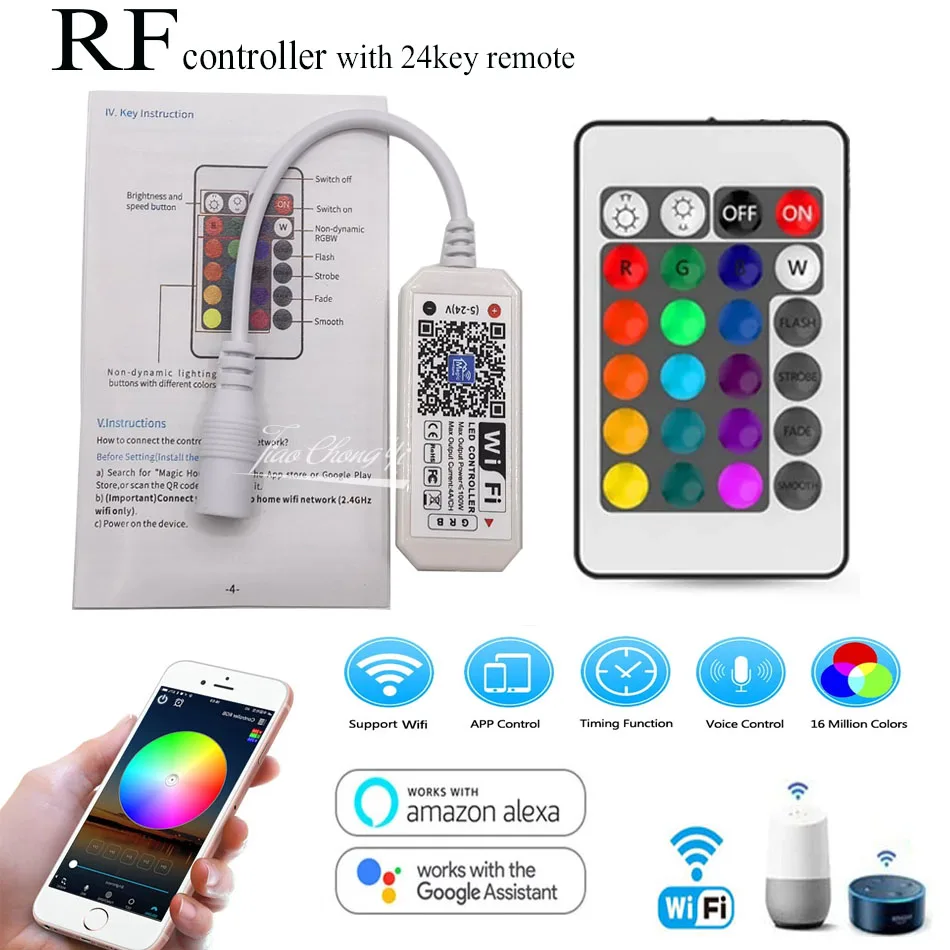 WiFi RVB Contrôleur RF Avec 24Key Vocale À Distance Contrôle de L'APPLICATION Smartphone pour 5V-24V 5050 2835 RVB LUMIÈRE LED bande