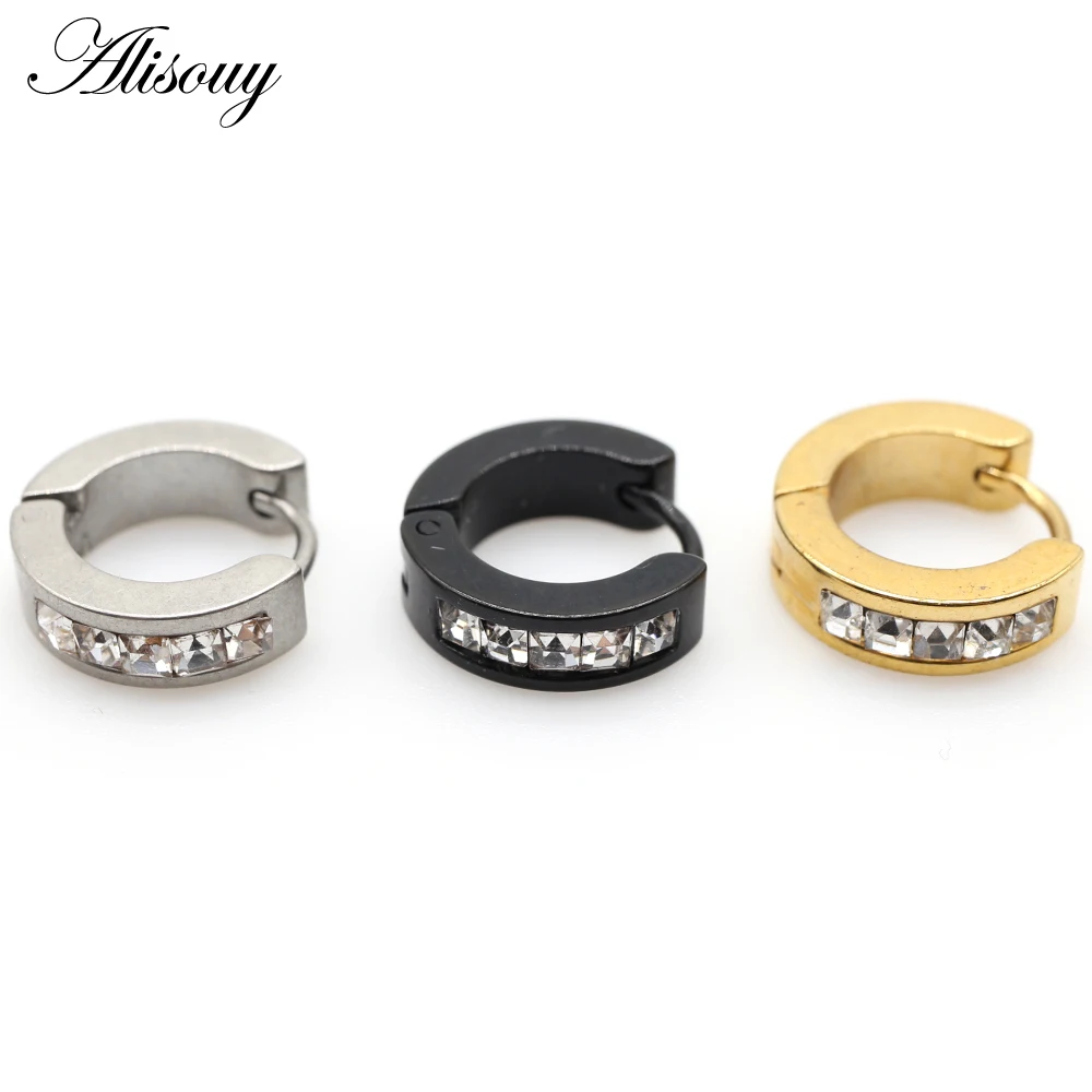 Alisouy 2pc Round Square Crystal Zircon Stainless Steel Women Men Huggies Circle Ear Buckle Hoop Earring Unisex Piercing Jewelry