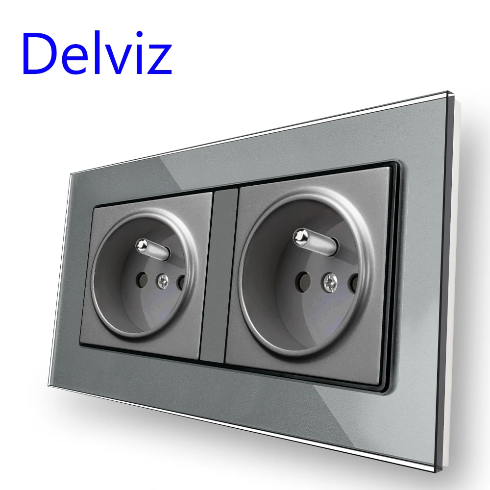 Delviz 16A Wall Power Socket, AC 110V~250V Rectangular socket, Tempered Crystal Glass Panel, French standard power Double Outlet