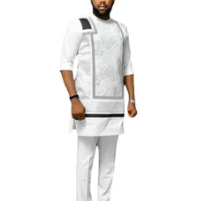 O-collo manica corta da uomo in poliestere bianco africano Plus Size due pezzi set Top e pantalone Dashiki abbigliamento uomo africano M-4XL