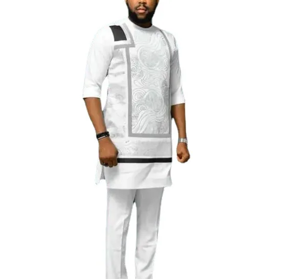 White Polyester African Men Short Sleeve O-neck Plus Size Two Pieces Sets Top and Pant Dashiki African Men Clothes M-4XL