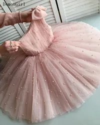 Cute One Shoulder Children's Pink Dresses Tulle With Pearls Baby Girl Birthday Party Dress Christmas Gowns