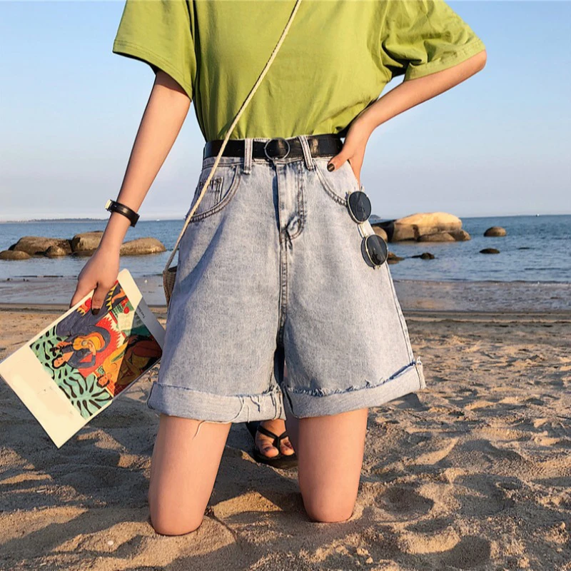 

Streetwear High Waist Wide Leg Denim Shorts Lady Women Roll Up Hem Harajuku Jean Shorts Women Summer Women Loose Short Shorts